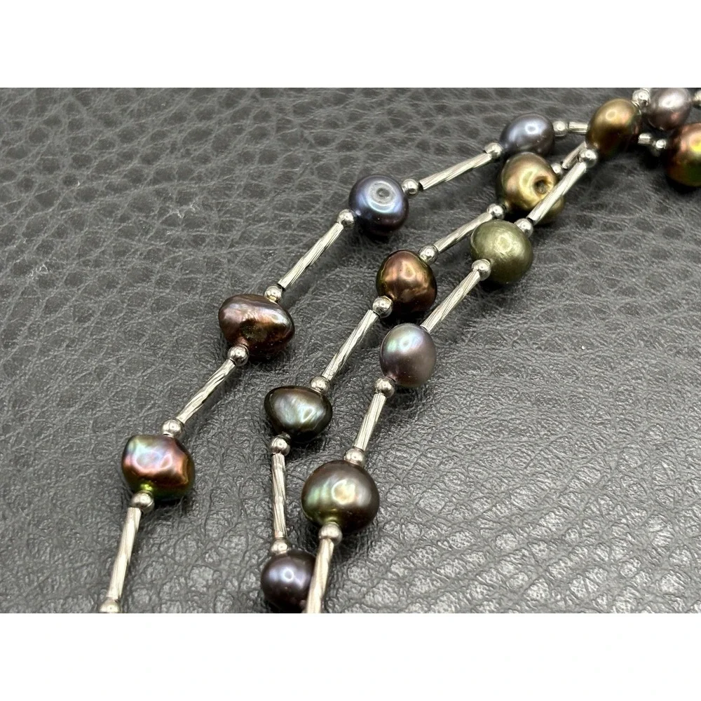 Iridescent Multi-Strand Pearl Bead Necklace 7mm Freshwater Silver Tone 17